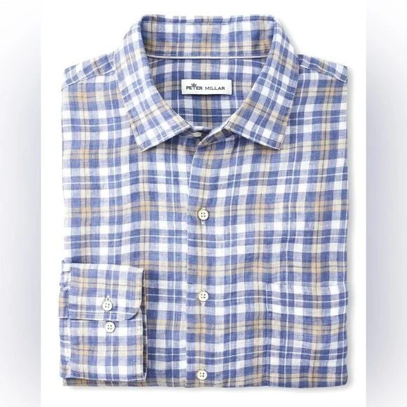 Peter Millar Seaside Commons Plaid Linen Long Sleeve Blue Men’s Shirt XL - Picture 4 of 12